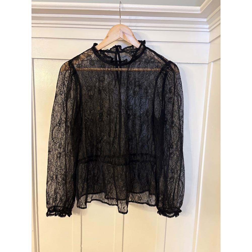 Banana Republic Black Floral Lace Mock Neck Peplum Blouse Medium Romantic Goth